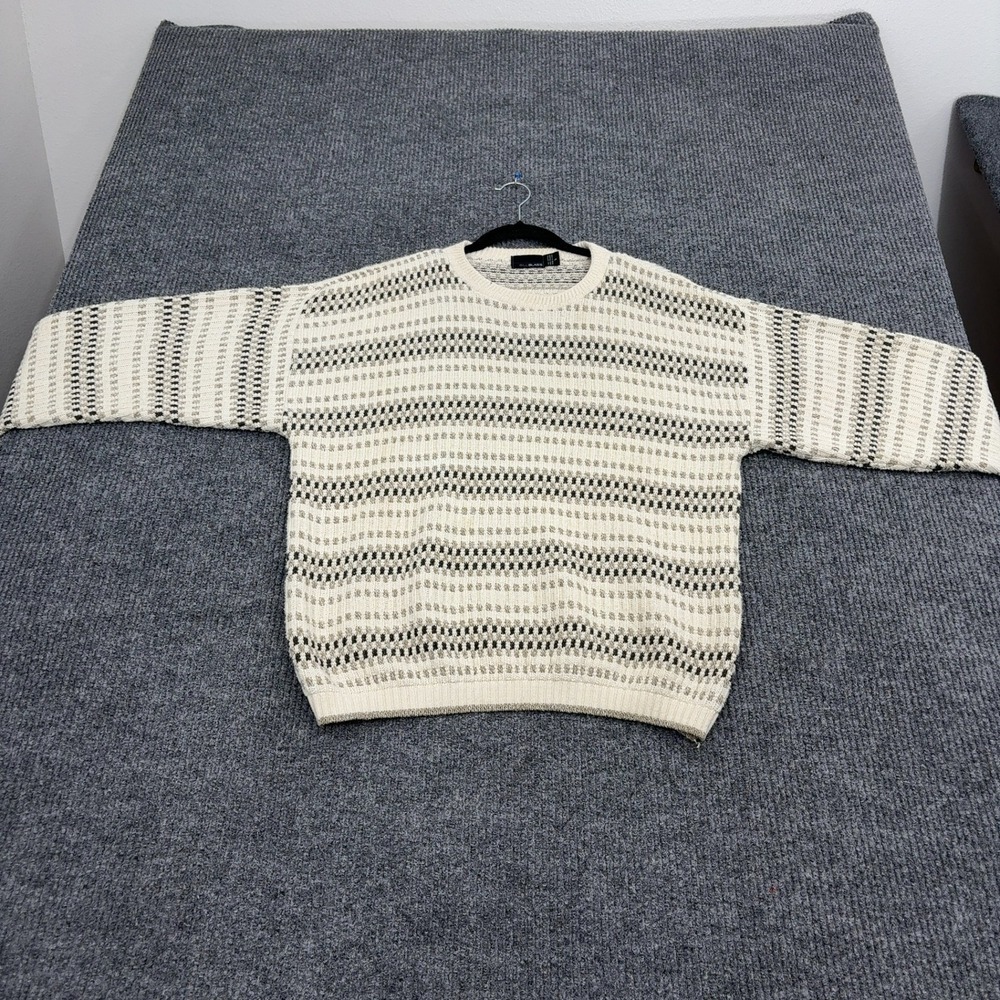 Vintage‎ Bill Blass Sweater Mens L Cream Cotton Striped Knit Coogi Style 90s